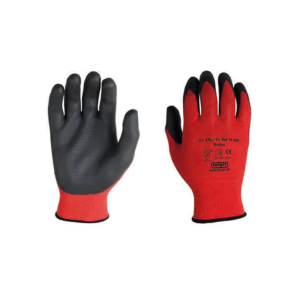 Polyester-Strickhandschuh Rottex, Nitril Handflächen-Beschichtung, flüssigkeitsdicht, 12 Paar, Größe L