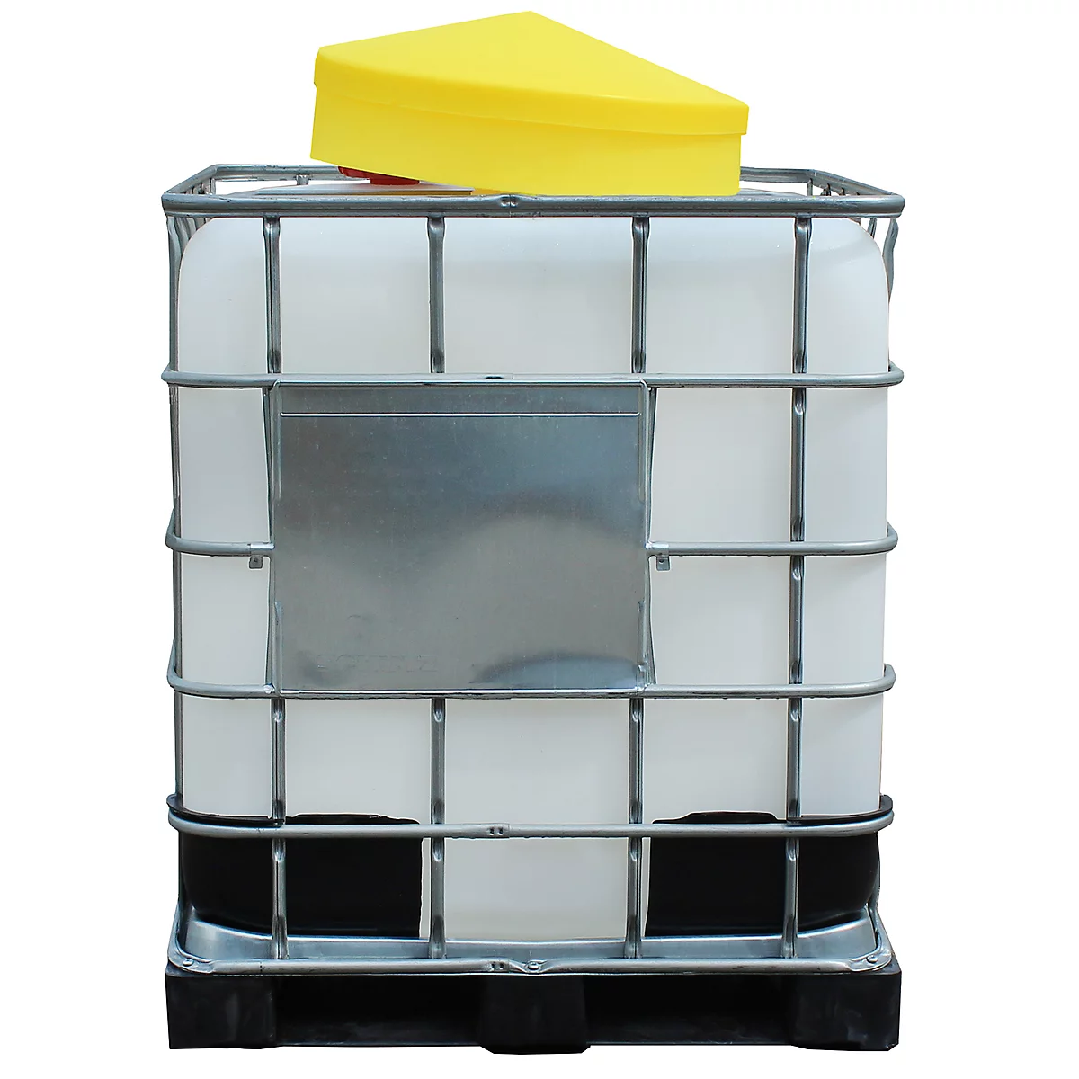 Polyetheen vattrechter, Ø 640 mm, 48 liter, met afneembaar deksel, voor IBC tanks van 100 liter, met zeef, geel