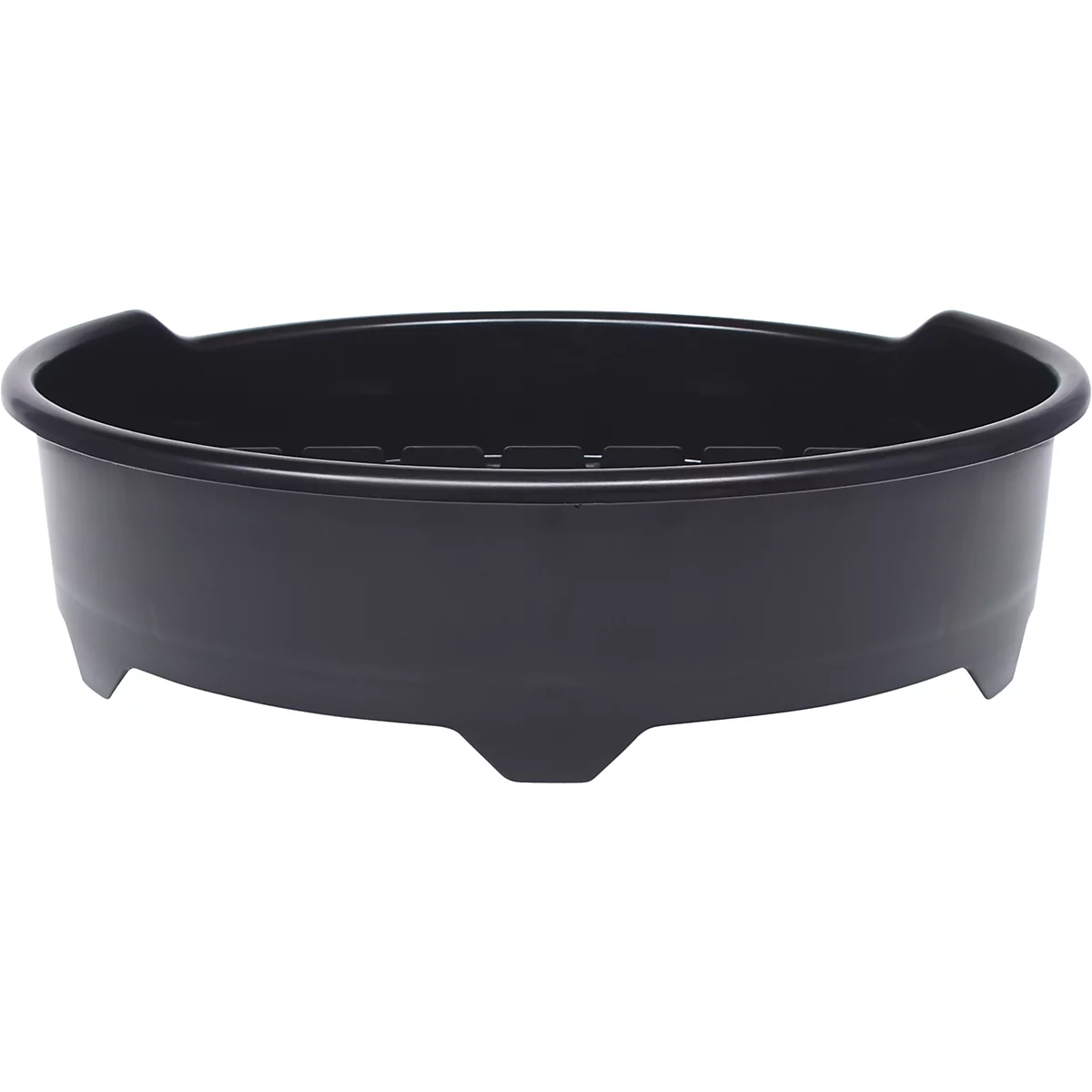 Eine schwarze, ovale Schale mit erhöhten Seiten und Füßen.