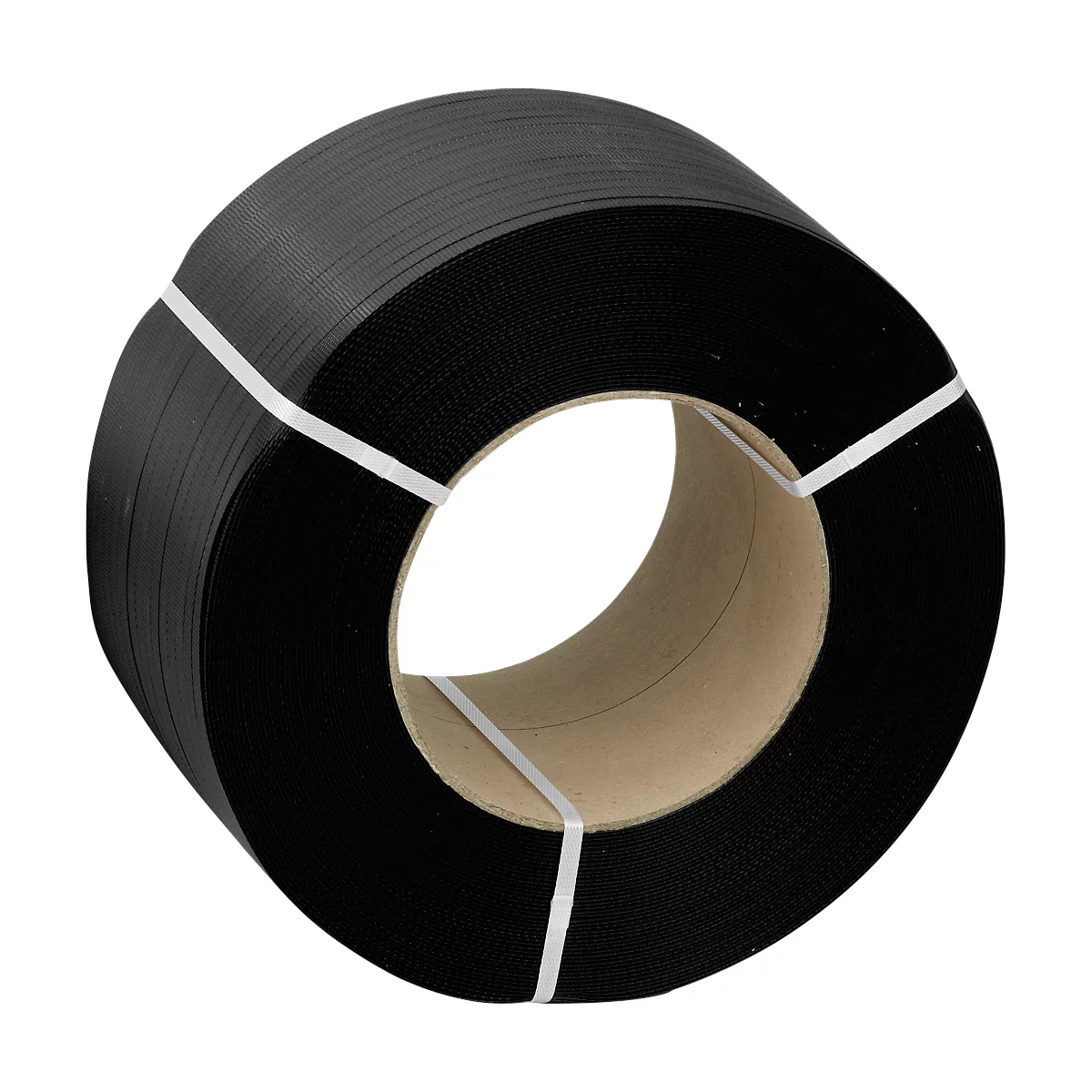 Zwart kunststofband, opgerold. Witte tape fixeert de rol. Grijze kartonnen kern. Bovenaanzicht.