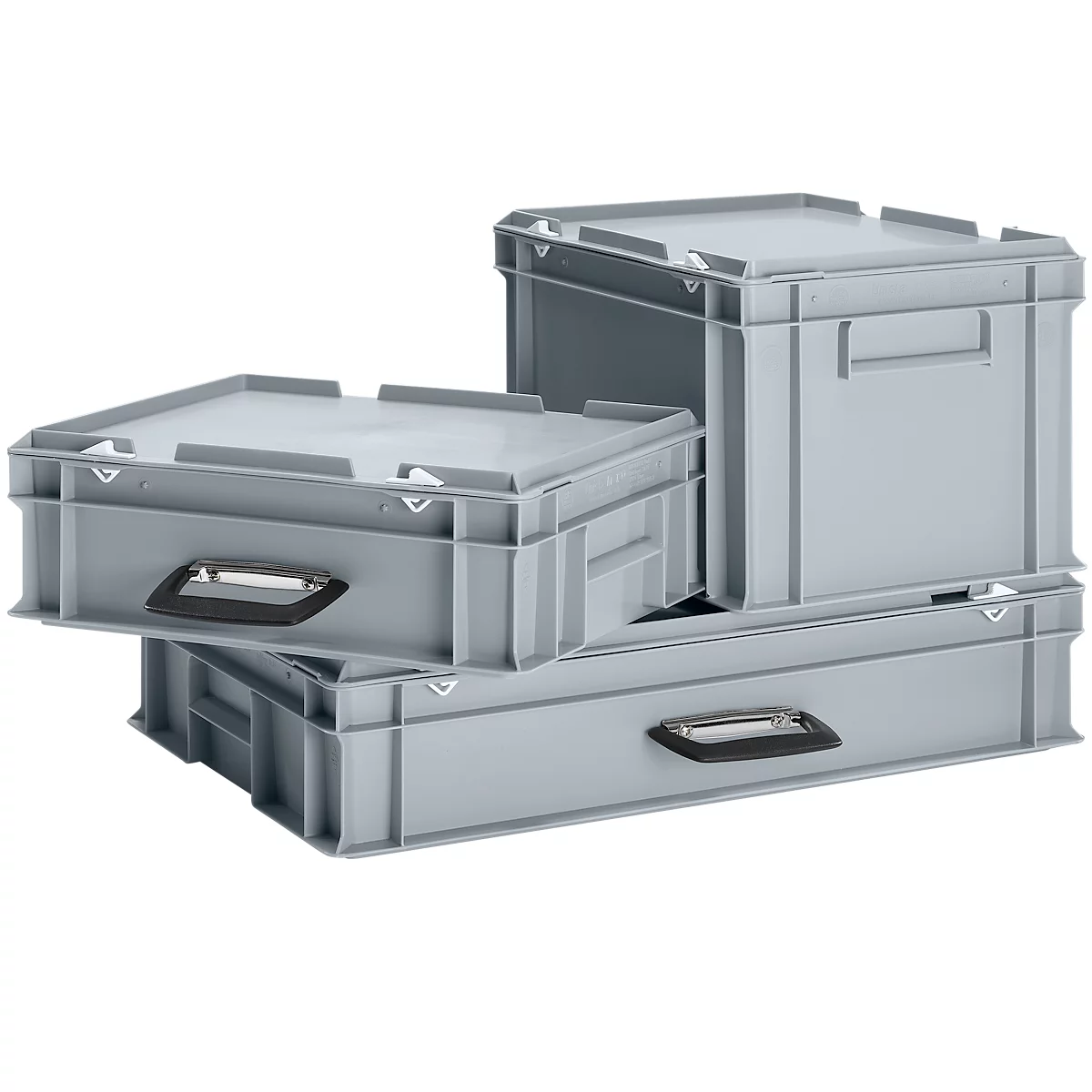Grey plastic boxes, stacked. Handles, lids and edges are clearly visible.