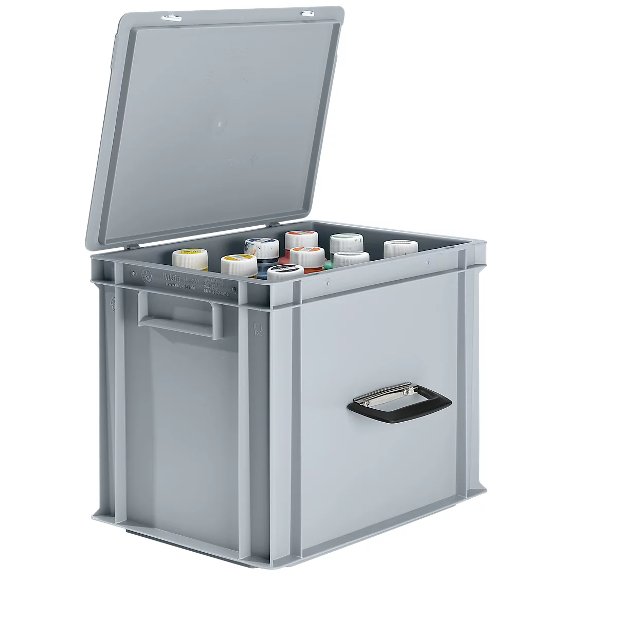 Grey box with partially opened lid, filled with bottles.