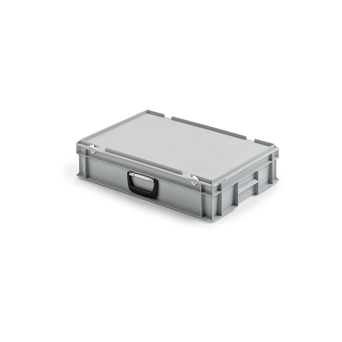 Gray transport box with lid and black handle. It stands against a white background.