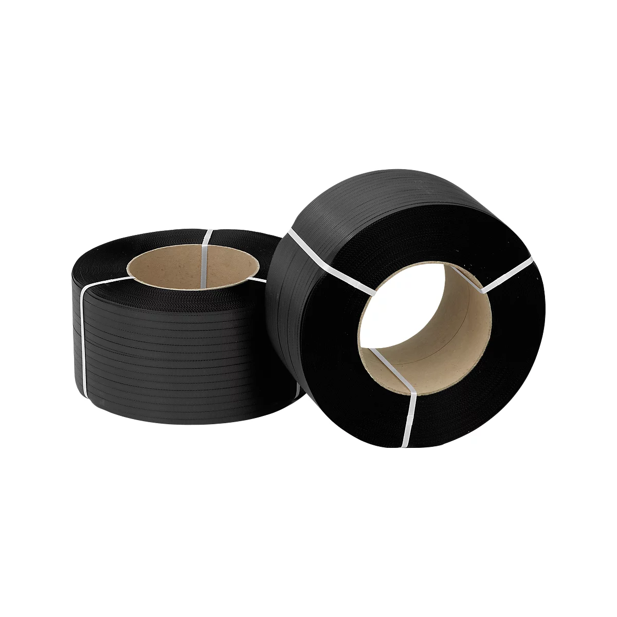 Two rolls of black plastic strapping, held with white bands.
