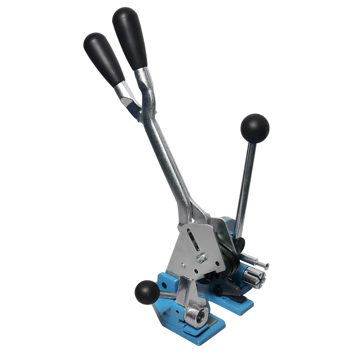 Blue and silver strapping tool with black handles and knobs, ideal for packaging and securing.
