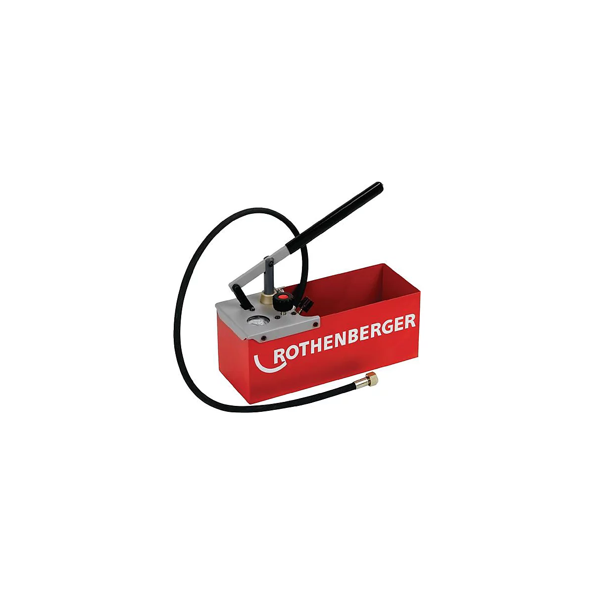 Une pompe d'épreuve rouge et grise avec un tuyau noir, une poignée noire et l'inscription "ROTHENBERGER".