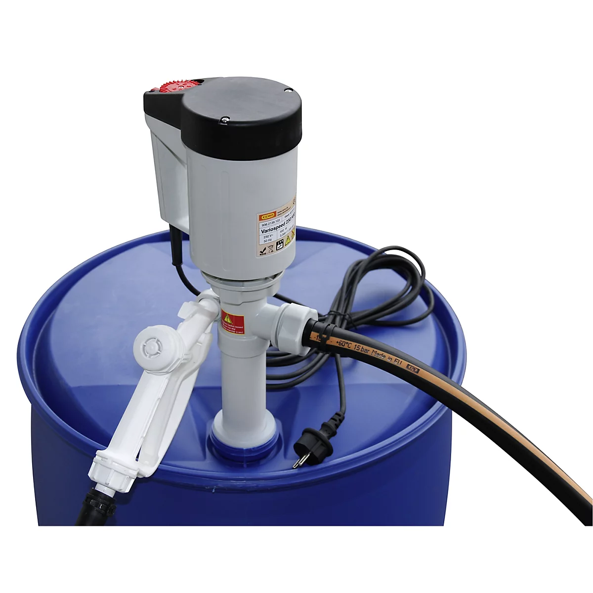 Pompe électrique CEMO ECO-1, pour tonneau, profondeur d'immersion 1000 mm, moteur 230V, 450 W, tuyau PVC 2m, buse