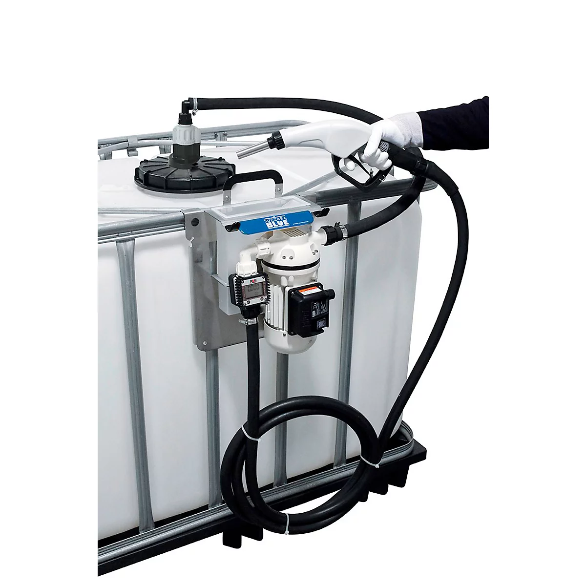 Pompsysteem voor 220 l vaten CEMO Cematic Blue, zuigslang 0,5 m, AF2-koppeling en zuigleiding, automatische sproeier, 30l/min