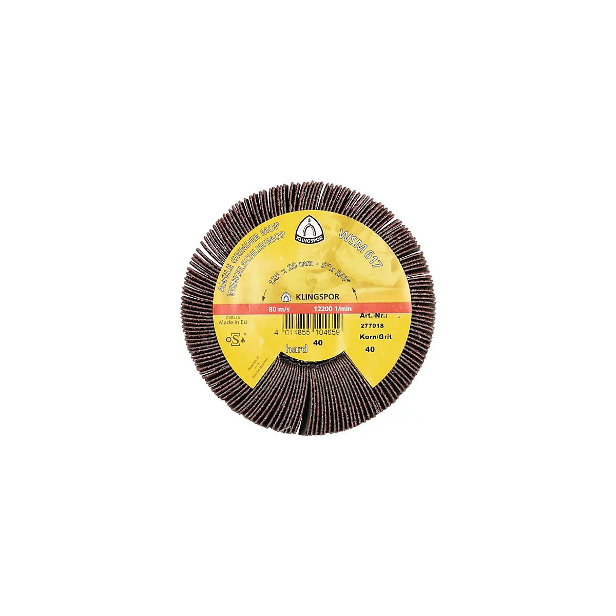 Disque abrasif rond avec lamelles marron et étiquette jaune avec texte.