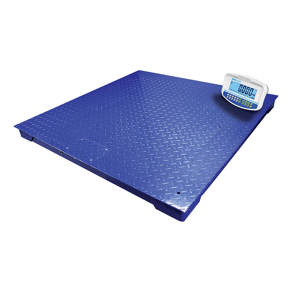 Balance industrielle bleue avec surface en tôle gaufrée, avec affichage numérique, indiquant "0000".