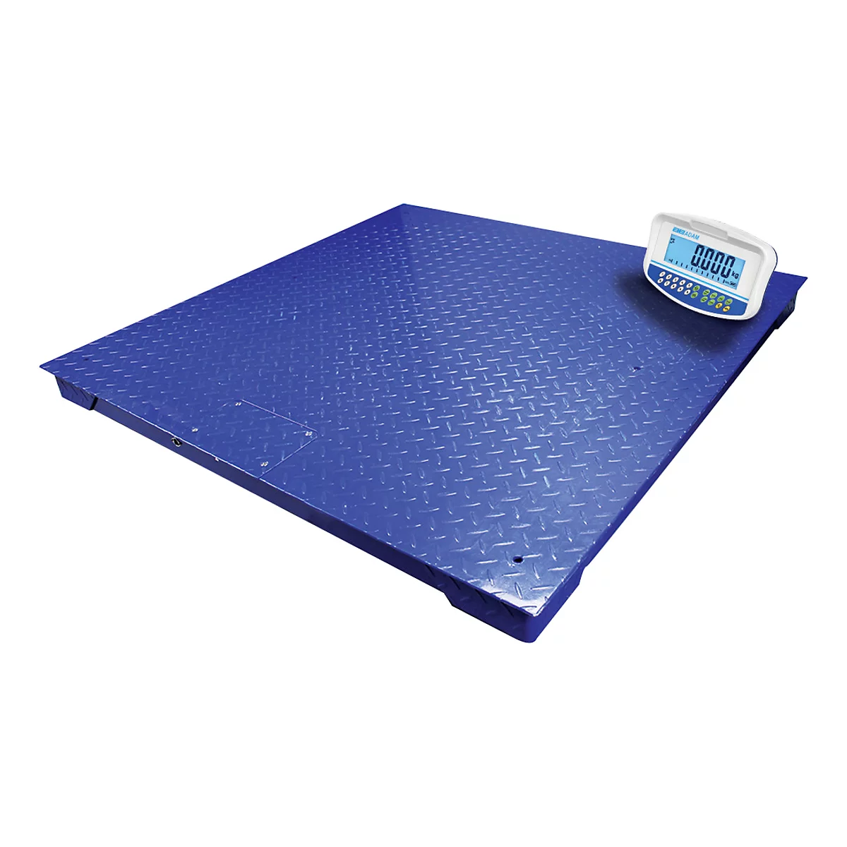 Balance industrielle bleue avec surface en tôle gaufrée. L'affichage numérique indique "0000".