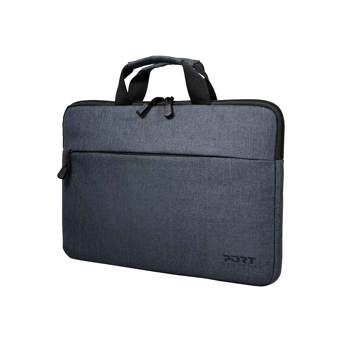 Dunkelgraue Laptoptasche mit Griff, Reißverschluss und Logo "Port Designs".