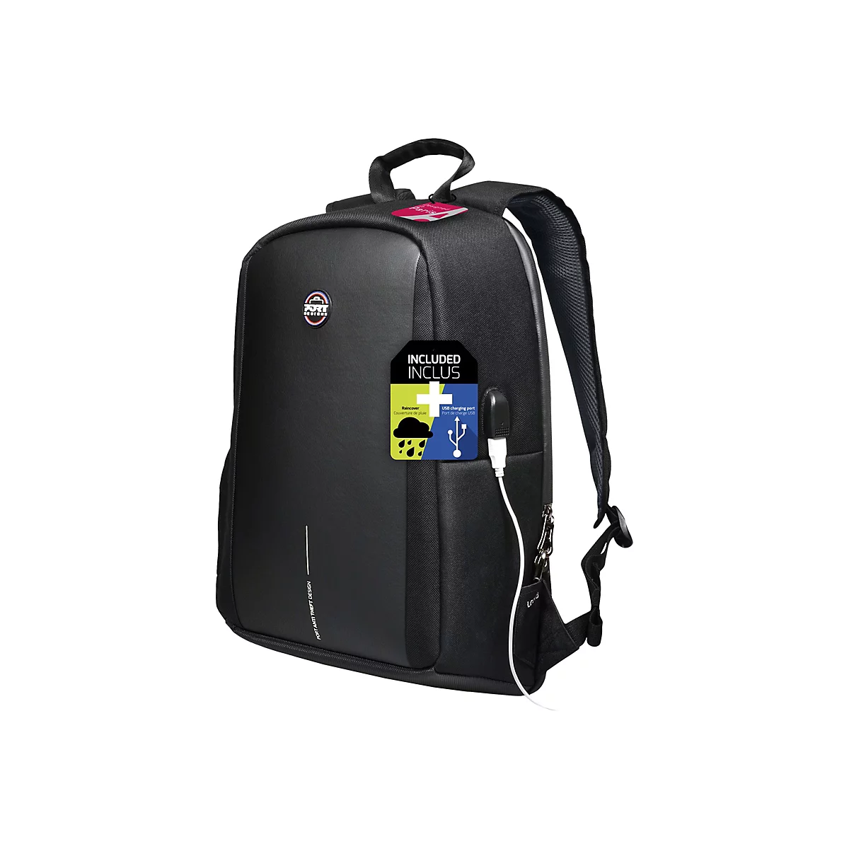 Schwarzer Laptop-Rucksack mit USB-Anschluss, Branding und Etikett 'INCLUS'.