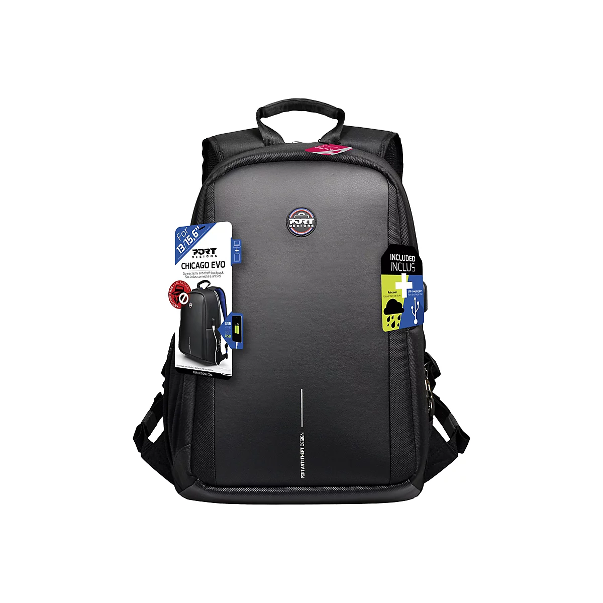 Schwarzer Rucksack mit Etiketten. Vorderseite, Griff, ReiÃŸverschlÃ¼sse, Logo.