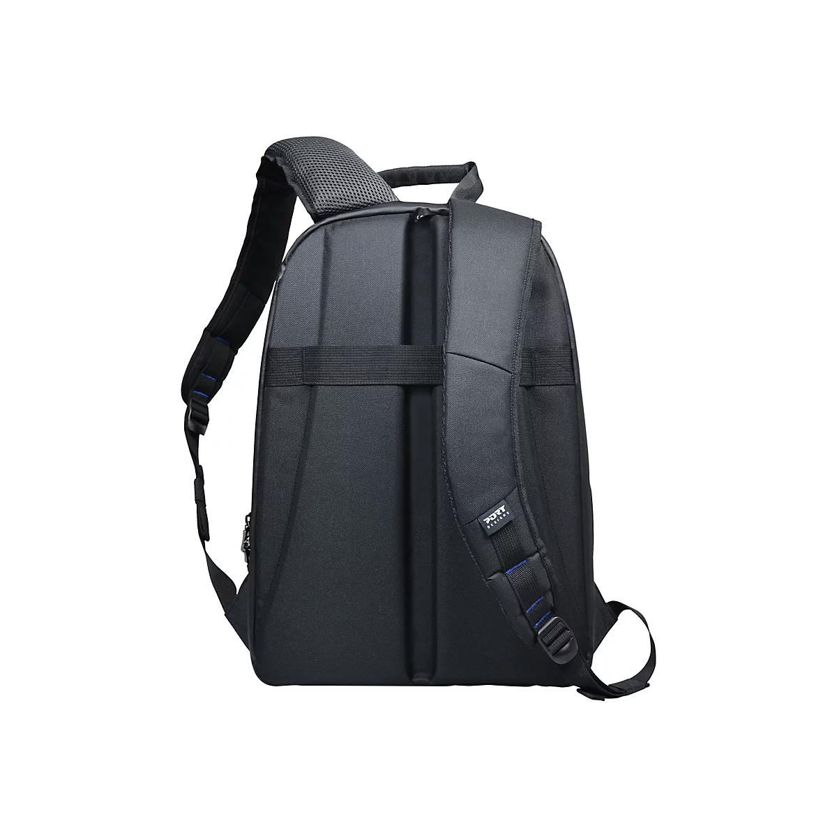Schwarzer Rucksack von hinten, mit gepolsterten Schultergurten und Tragegriff.