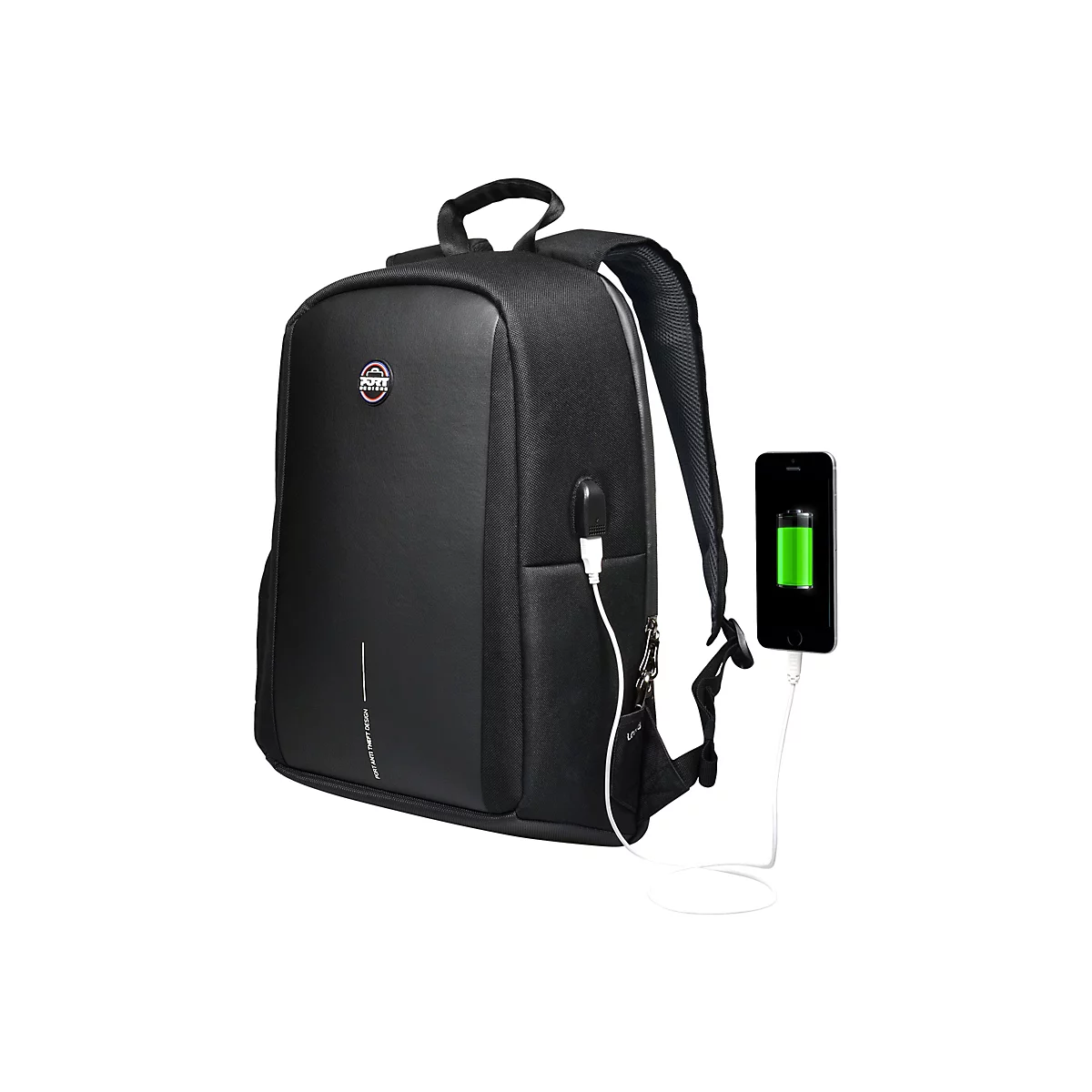 Schwarzer Rucksack mit externem USB-Anschluss, lÃ¤dt Smartphone auf.
