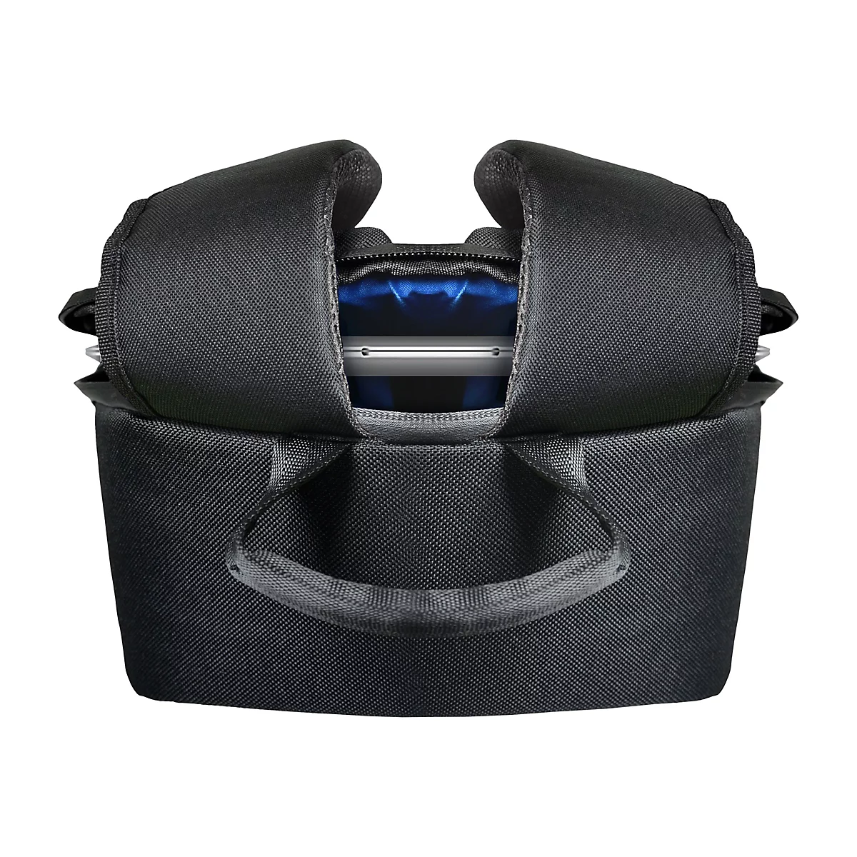 Schwarze Laptoptasche mit Tragegriff, Innenraum mit blauem Licht, Laptop sichtbar.