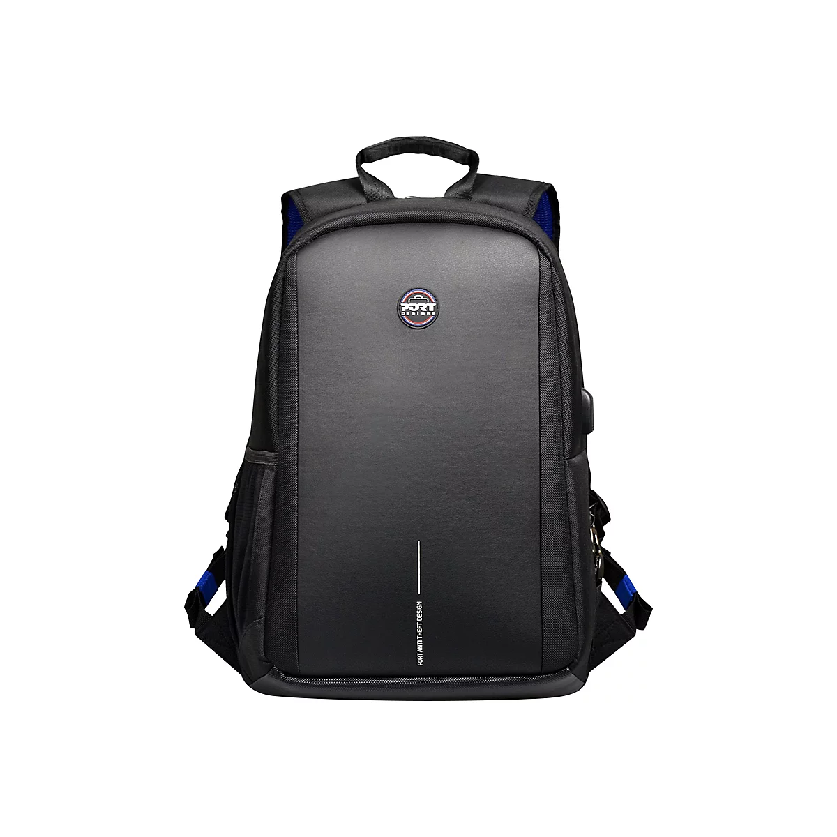 Schwarzer Rucksack mit blauem Innenfutter. Kleines Logo oben, vertikaler Strich unten.