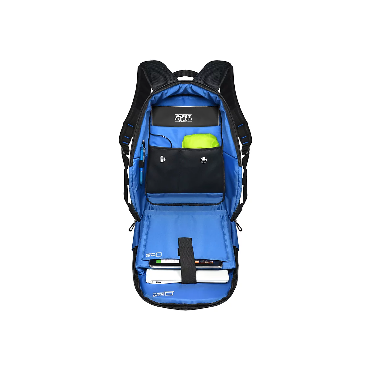 Schwarzer Rucksack mit offenem Innenraum. Blaue Innenseiten, Laptop und ZubehÃ¶r.