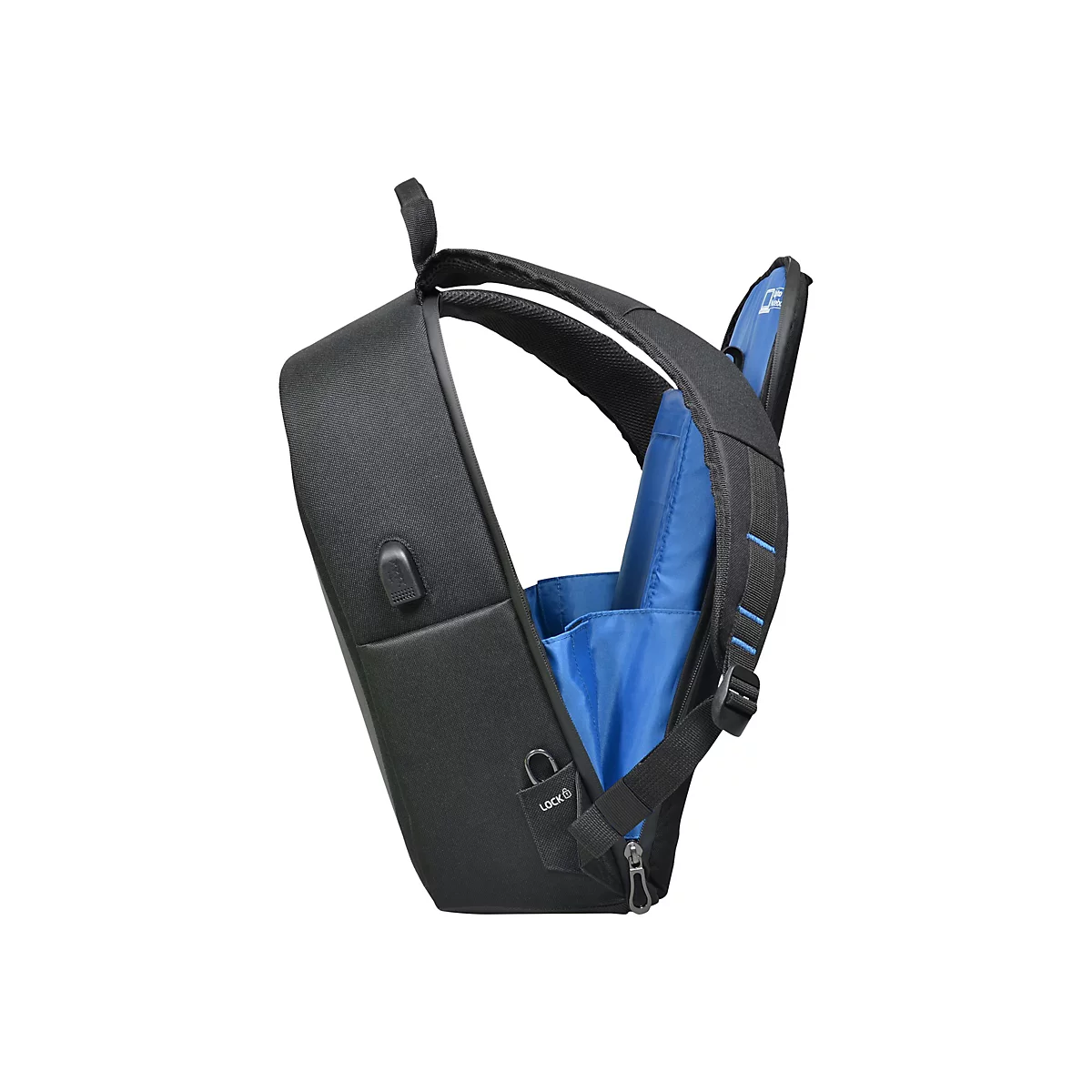Schwarzer Rucksack, offen, blaues Innenfutter, Trageriemen und ReiÃŸverschluss.