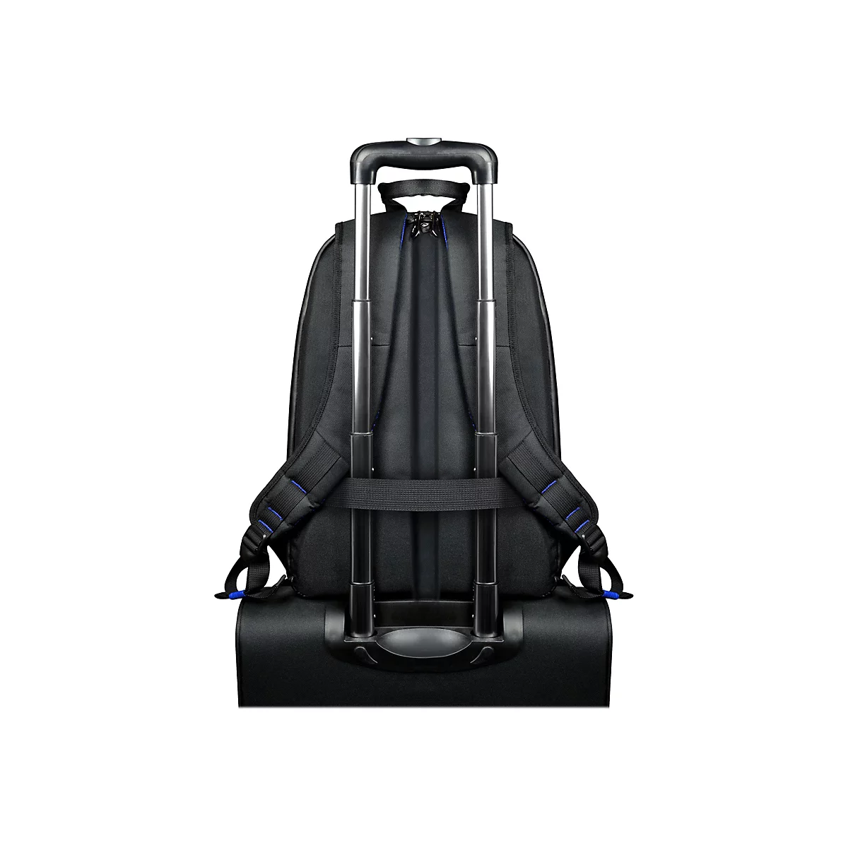 Schwarzer Rucksack mit Rollen und ausziehbarem Griff. RÃ¼ckansicht, Detailansicht der Gurte und des Griffs.
