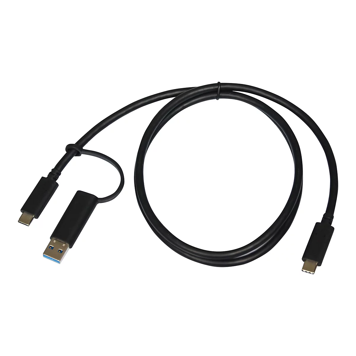 Schwarzes USB-C-Kabel mit USB-A-Anschluss auf weißem Hintergrund.