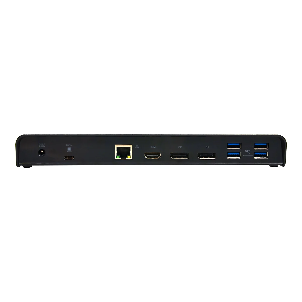 Schwarze Dockingstation mit diversen Anschlüssen. Sie hat Anschlüsse für Strom, USB, HDMI, Ethernet und DisplayPort.