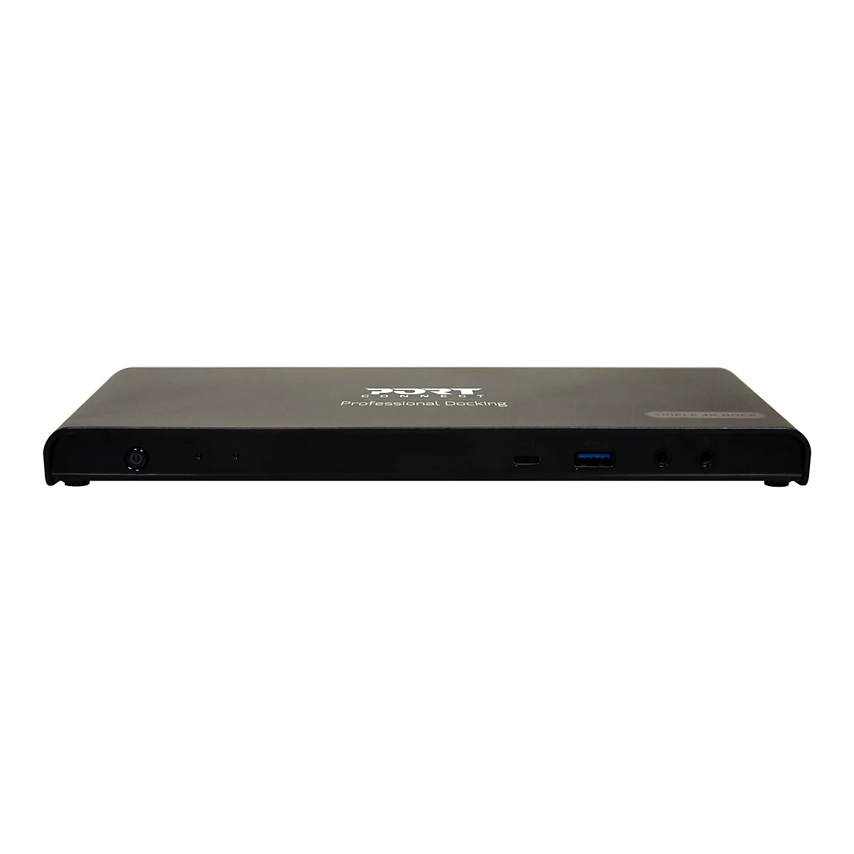Schwarze Dockingstation mit Logo und Anschlüssen wie USB und Audioausgang. Text: Professional Docking.