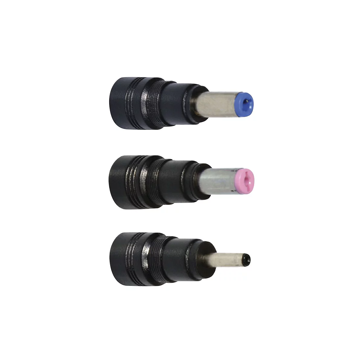 Drei verschiedene Stromstecker mit schwarzen GehÃ¤usen und farbigen Spitzen.
