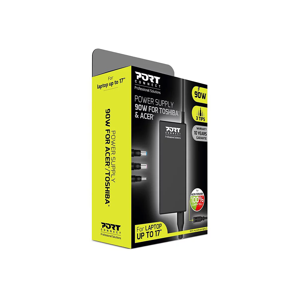 Produktverpackung, die ein 90-W-Netzteil fÃ¼r Toshiba & Acer-Laptops zeigt. Aufschrift: 90W, 3 Tips, 10 Years Garantie.