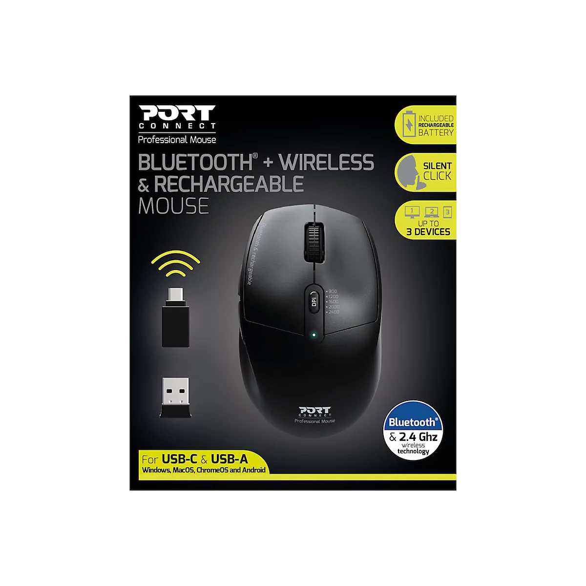 PORT Connect Professional - Maus - 5 Tasten - kabelgebunden - 2.4 GHz, Bluetooth - USB / USB-C Wireless-Empfänger