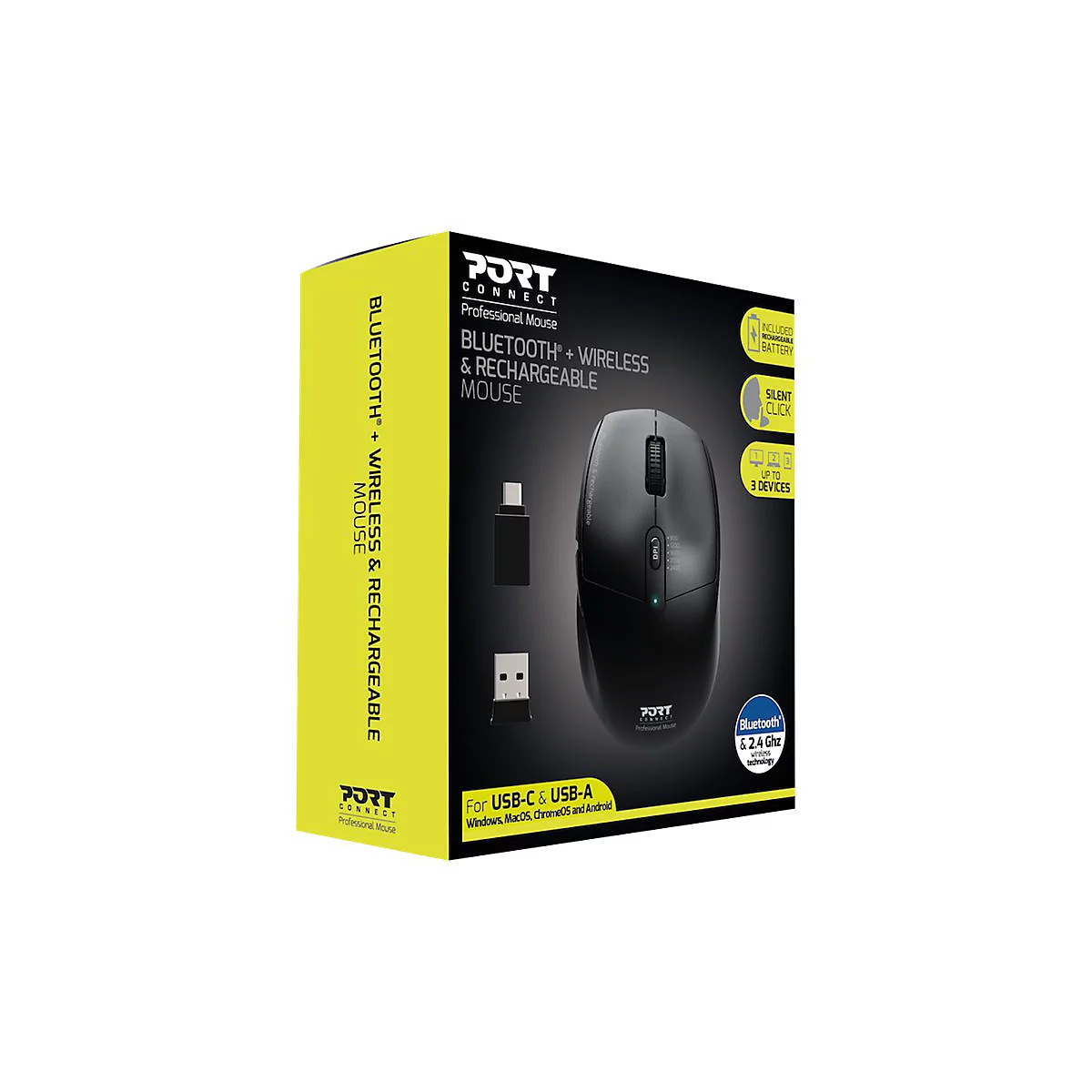 PORT Connect Professional - Maus - 5 Tasten - kabelgebunden - 2.4 GHz, Bluetooth - USB / USB-C Wireless-Empfänger