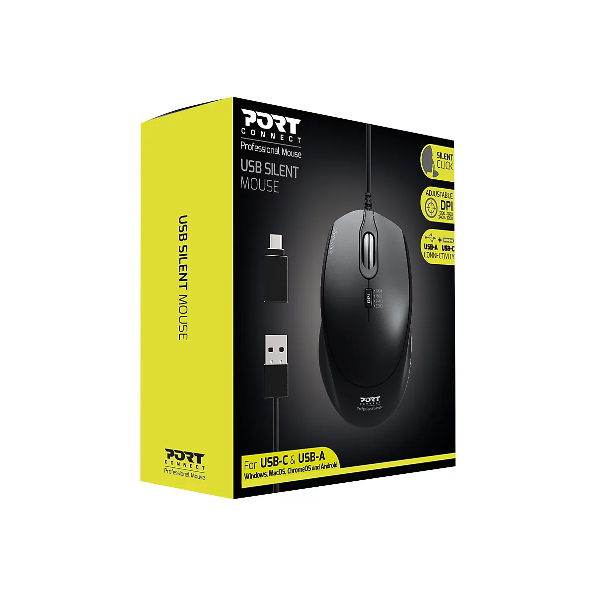 PORT Connect Professional SILENT - Maus - rechts- und linkshändig - optisch - 3 Tasten - kabelgebunden
