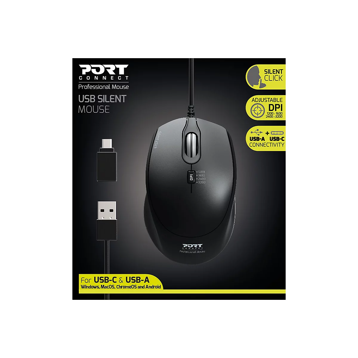 PORT Connect Professional SILENT - Maus - rechts- und linkshändig - optisch - 3 Tasten - kabelgebunden