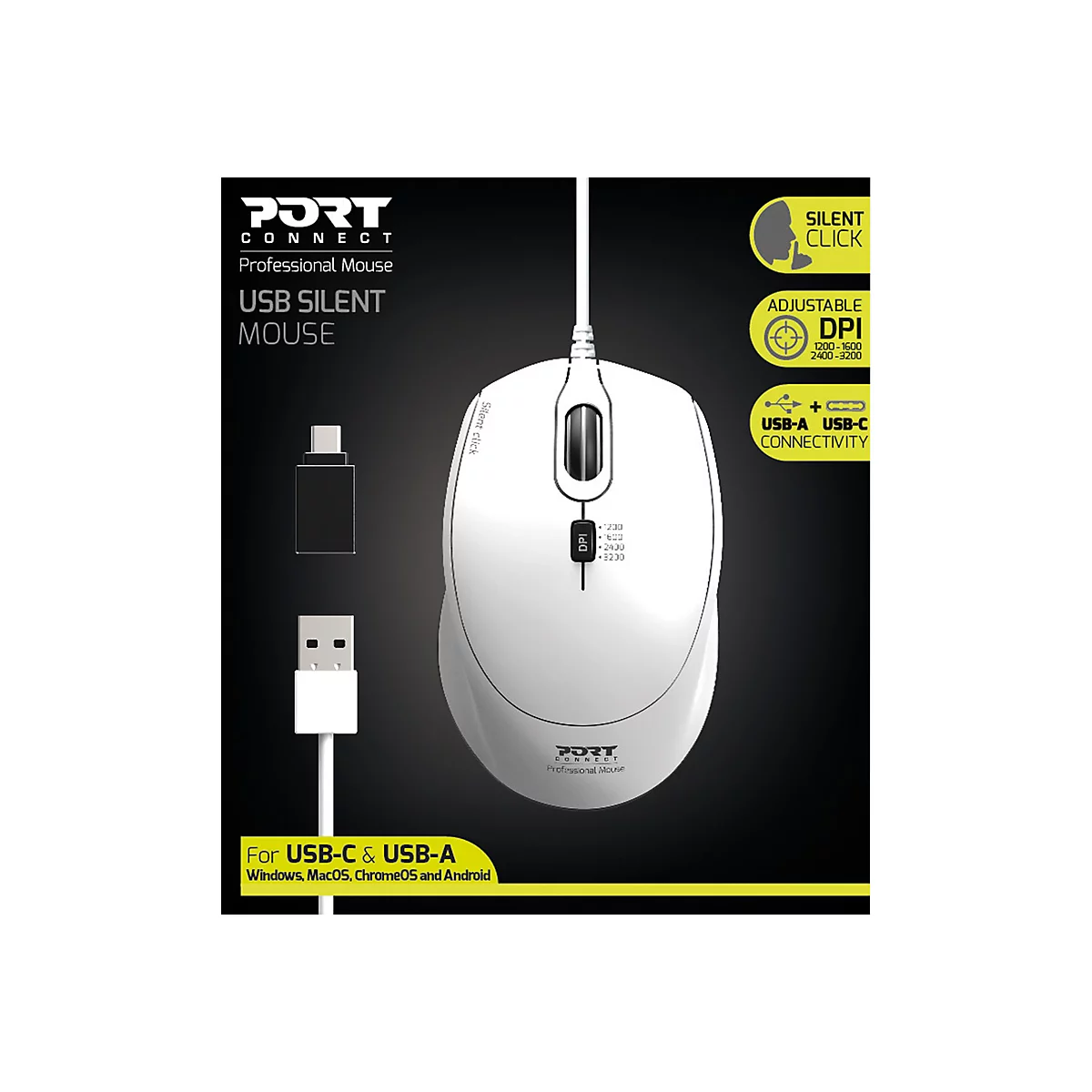 PORT Connect SILENT - Maus - optisch - 3 Tasten - kabelgebunden - USB, USB-C