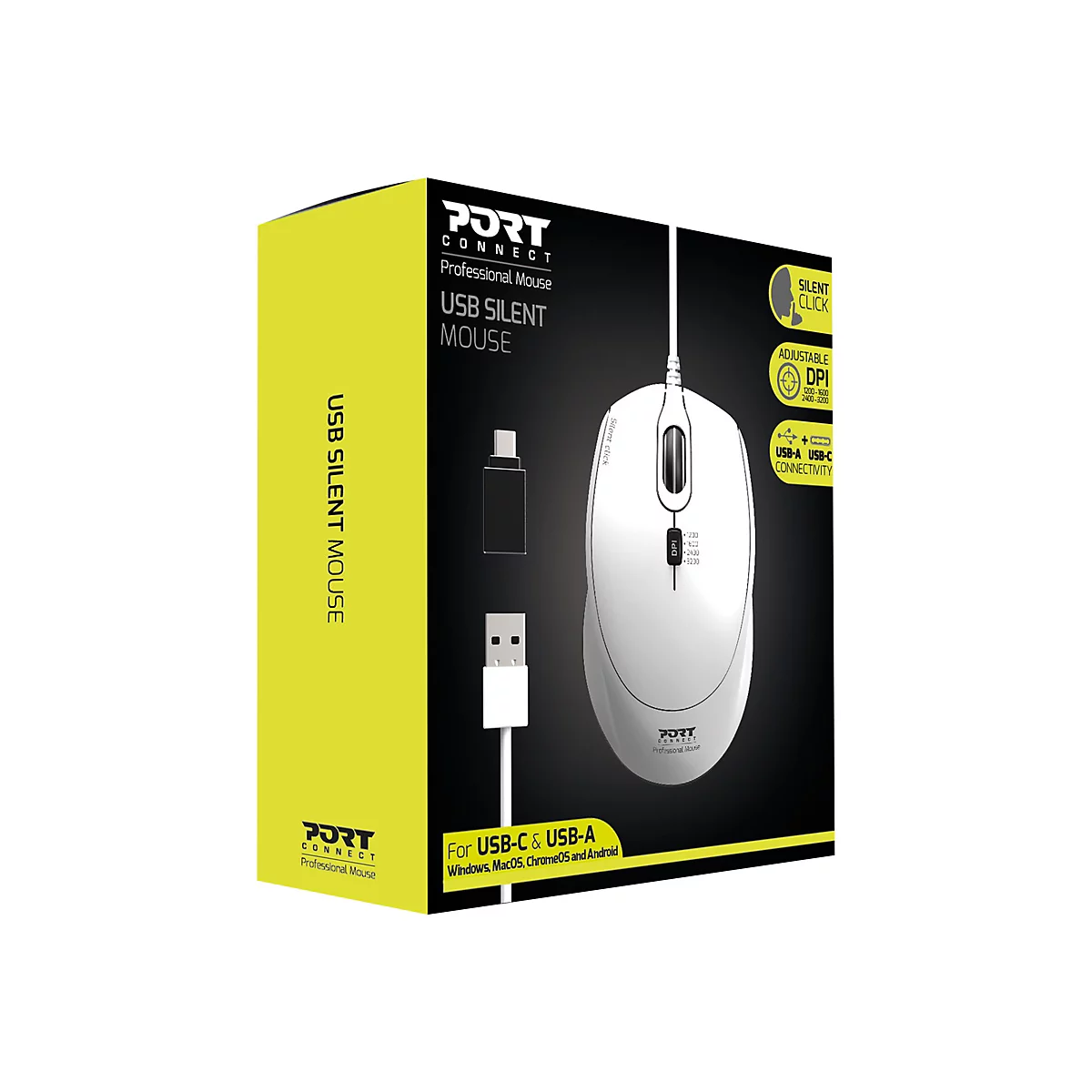 PORT Connect SILENT - Maus - optisch - 3 Tasten - kabelgebunden - USB, USB-C