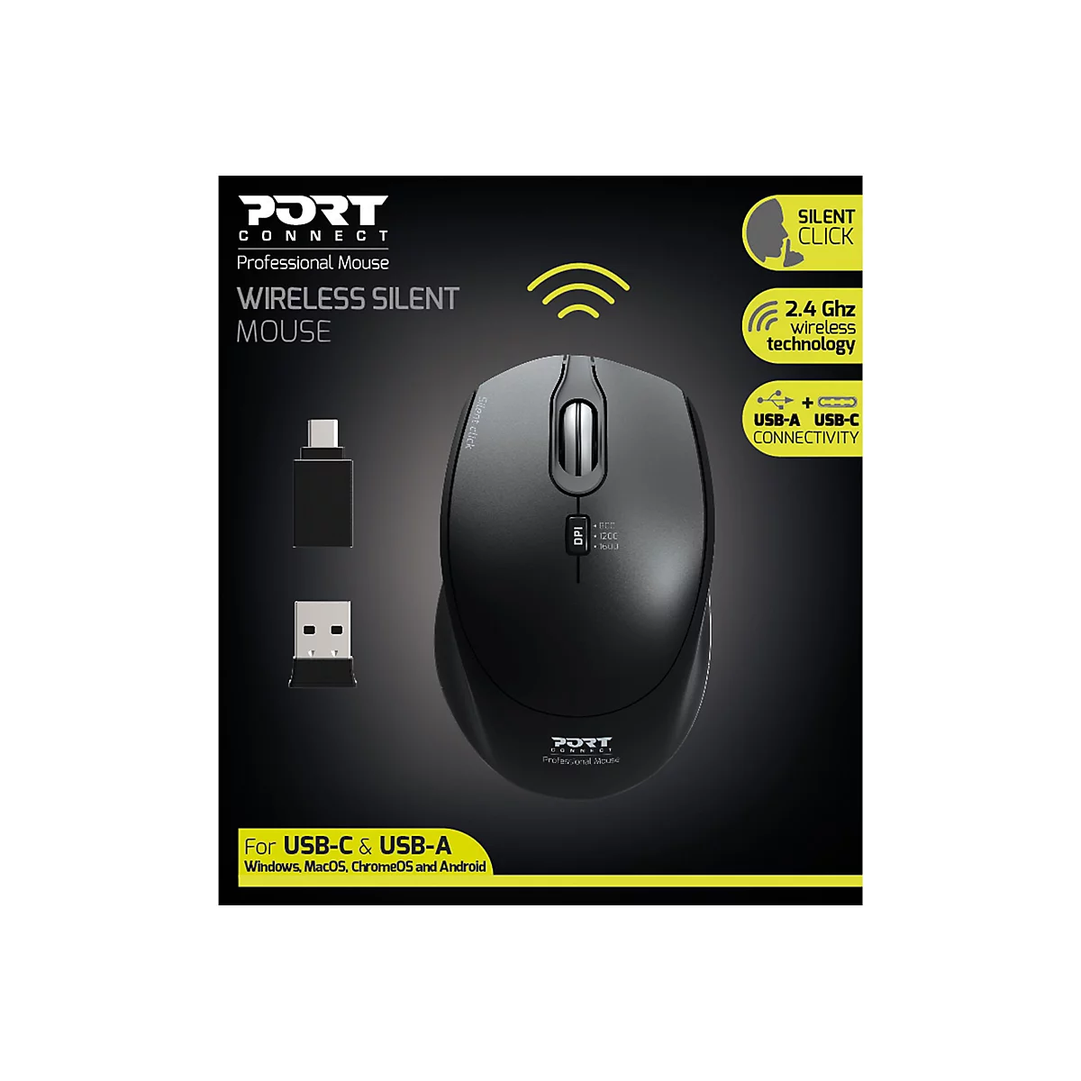 Drahtlose, geräuschlose Maus von Port Connect. Auf der Maus sind die Funktionen Silent Click, 2,4 GHz Wireless Technology, USB-A und USB-C Connectivity abgebildet.