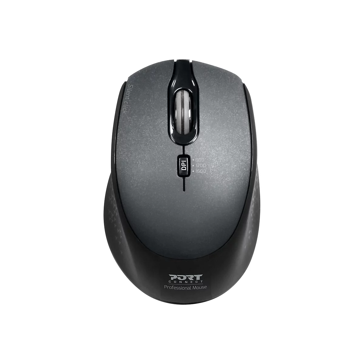 Drahtlose Maus, grauschwarz mit Logo und DPI-Einstellung. Auf der linken Seite steht "Silent click".