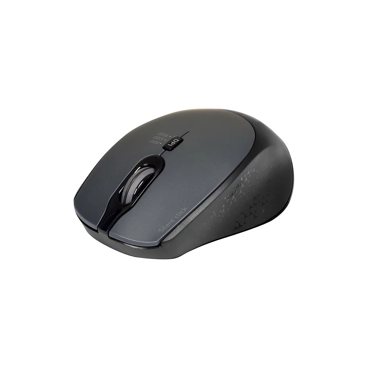Drahtlose Computermaus in Grau. Oberseite mit DPI-Einstellungen und Scrollrad. „Silent click“ auf der Seite.