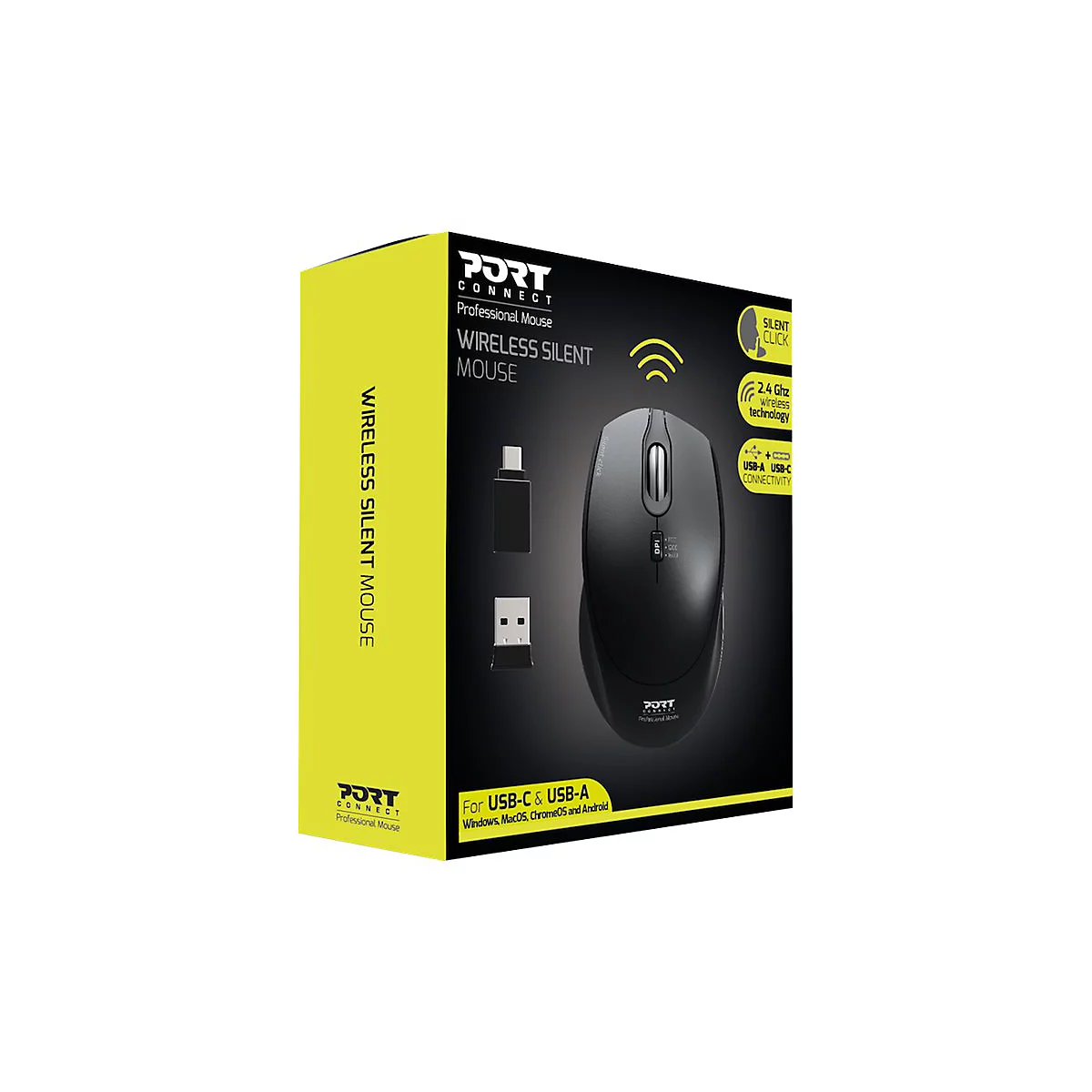 Schwarze, drahtlose Maus mit der Aufschrift Wireless Silent Mouse. Auf der Verpackung befinden sich Logos und technische Daten.