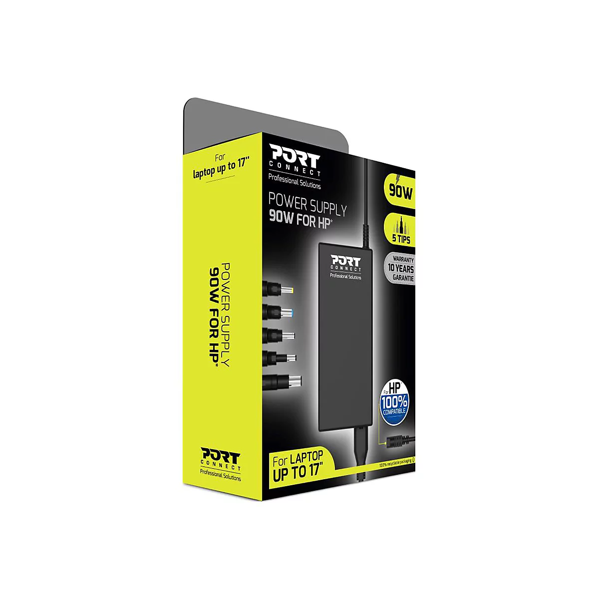 Emballage du produit noir et jaune. Inscription : 'Power Supply 90W for HP'.