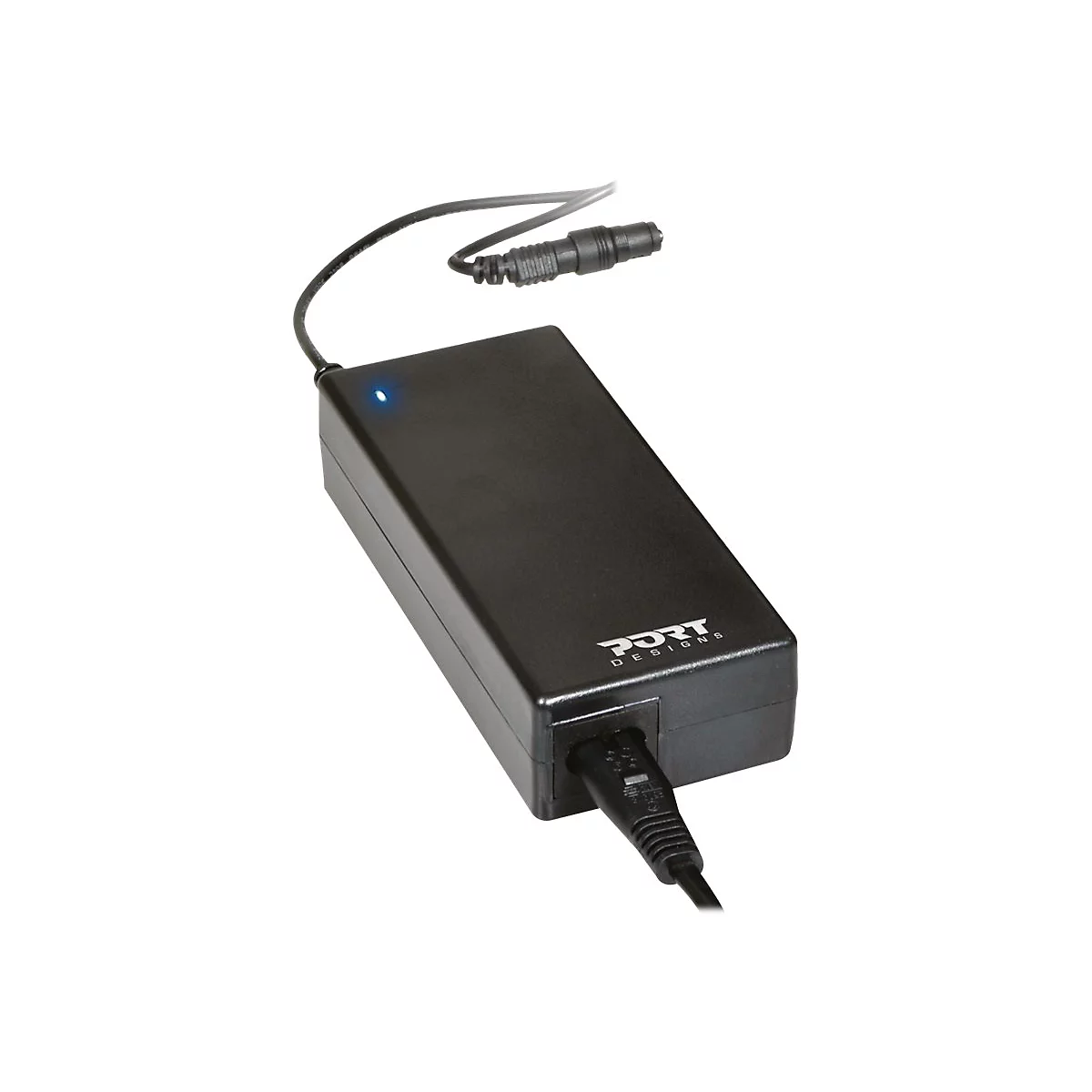Adaptateur secteur noir avec logo, lumiÃ¨re bleue et connexion par cÃ¢ble. Sur fond clair.