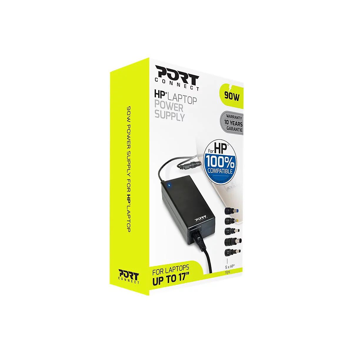 Emballage du produit prÃ©sentant un adaptateur secteur pour ordinateur portable noir de Port Connect. Le nom du produit, la puissance et la compatibilitÃ© sont imprimÃ©s.