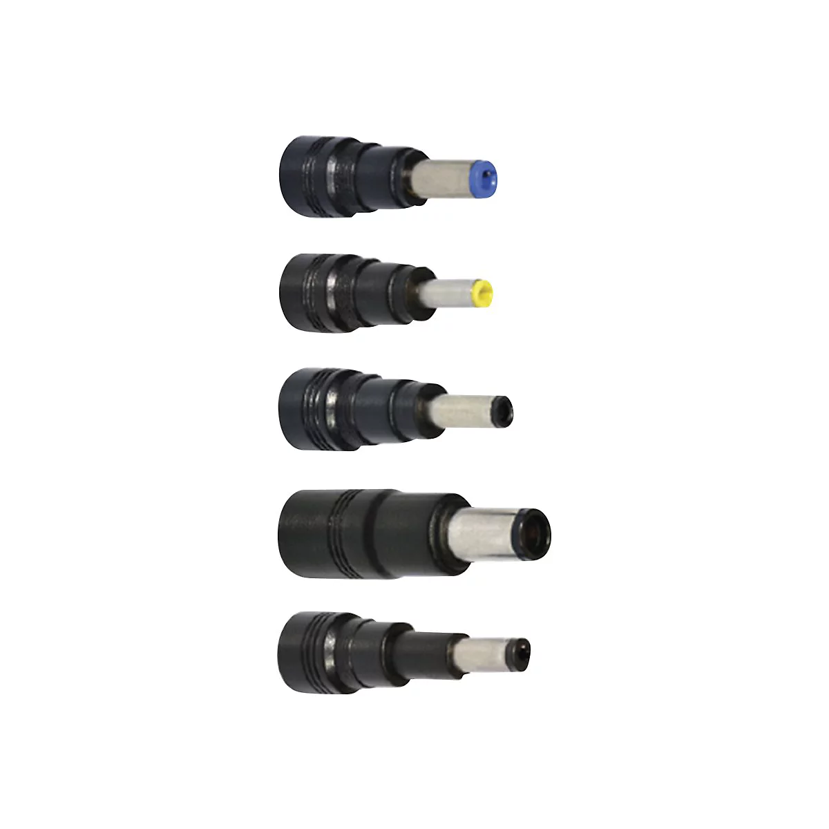 FÃ¼nf verschiedene schwarze Stromkabel mit unterschiedlichen farbigen Enden. Die Kabel sind auf weiÃŸem Hintergrund abgebildet.