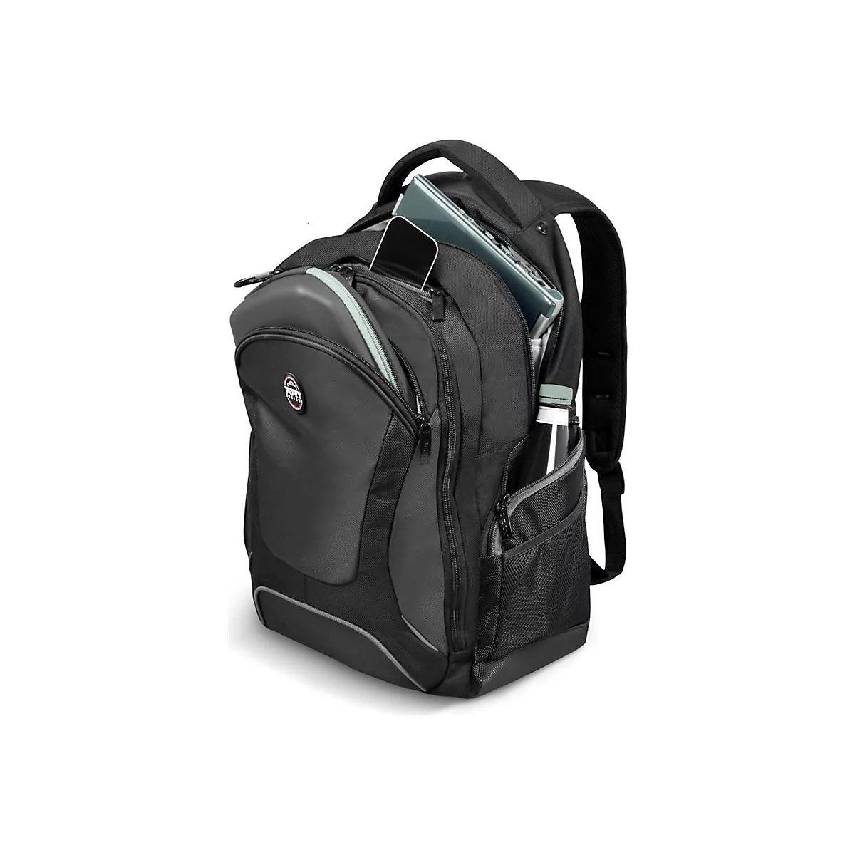 Schwarzer Rucksack mit geÃ¶ffneten FÃ¤chern, gefÃ¼llt mit Laptop, Telefon und Trinkflasche. Hellgraue Akzente.