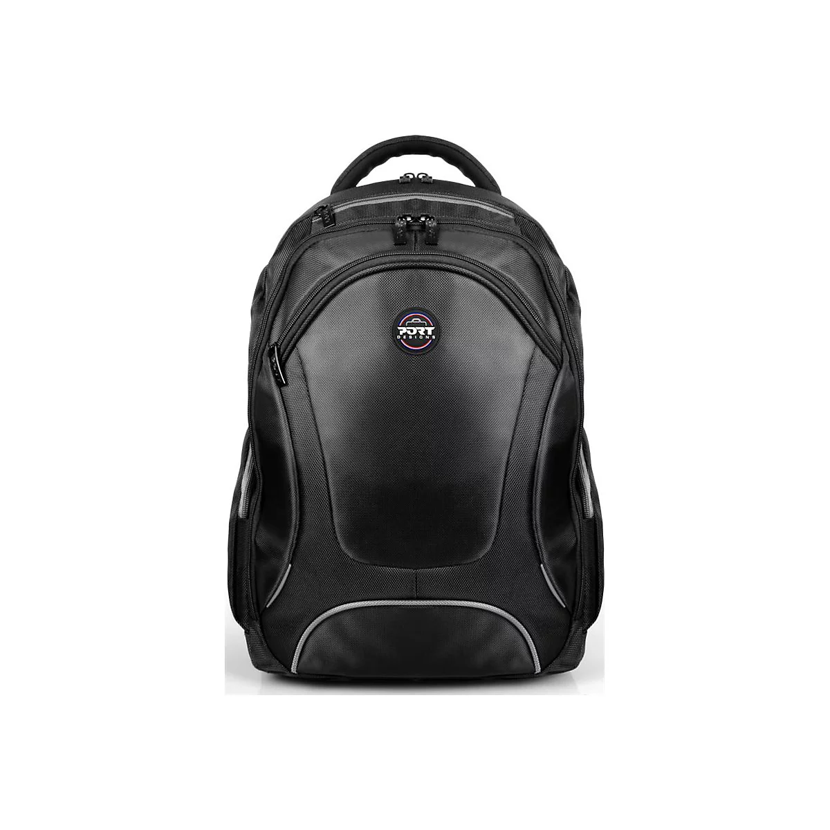 Schwarzer Rucksack mit mehreren FÃ¤chern. Oben ein Tragegriff, Logo am oberen Fach.