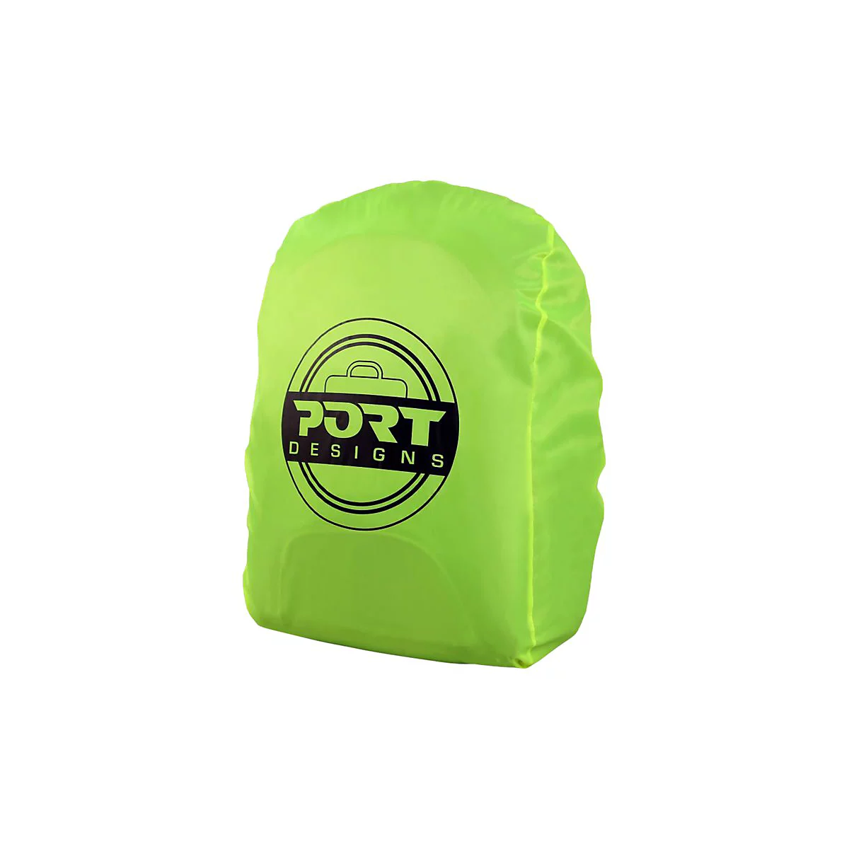NeongrÃ¼ne RucksackhÃ¼lle mit dem Logo Port Designs in Schwarz auf weiÃŸem Kreis.