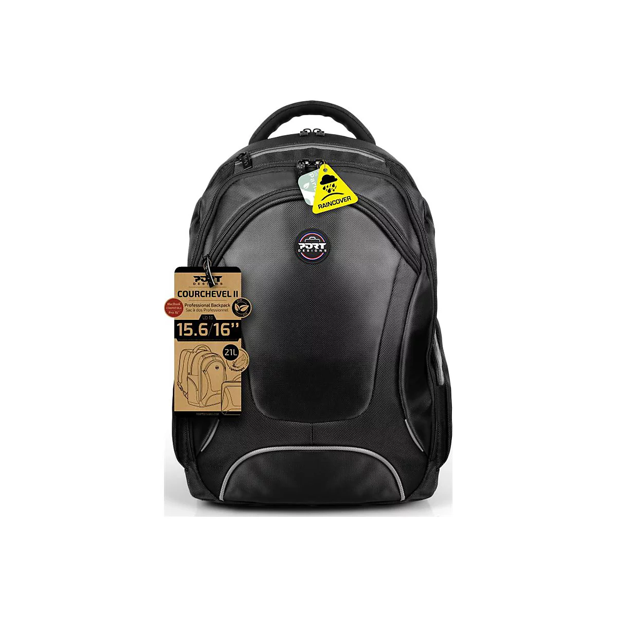 Schwarzer Rucksack mit Etiketten, Schriftzug Courchevel 8, 15.6 16.
