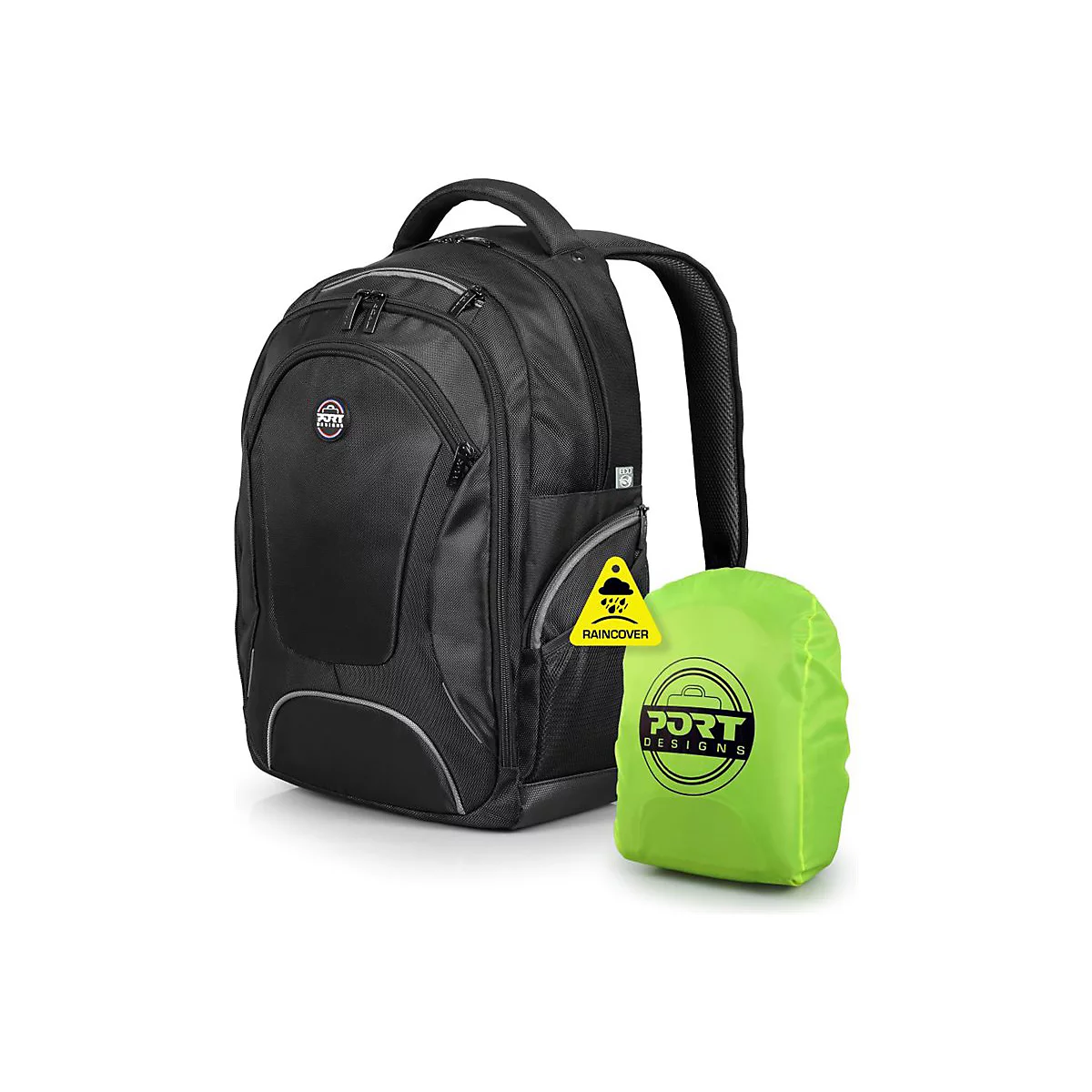 Schwarzer Laptop-Rucksack mit reflektierenden Elementen, neben einer neongrÃ¼nen RegenhÃ¼lle. Logo Port Designs.
