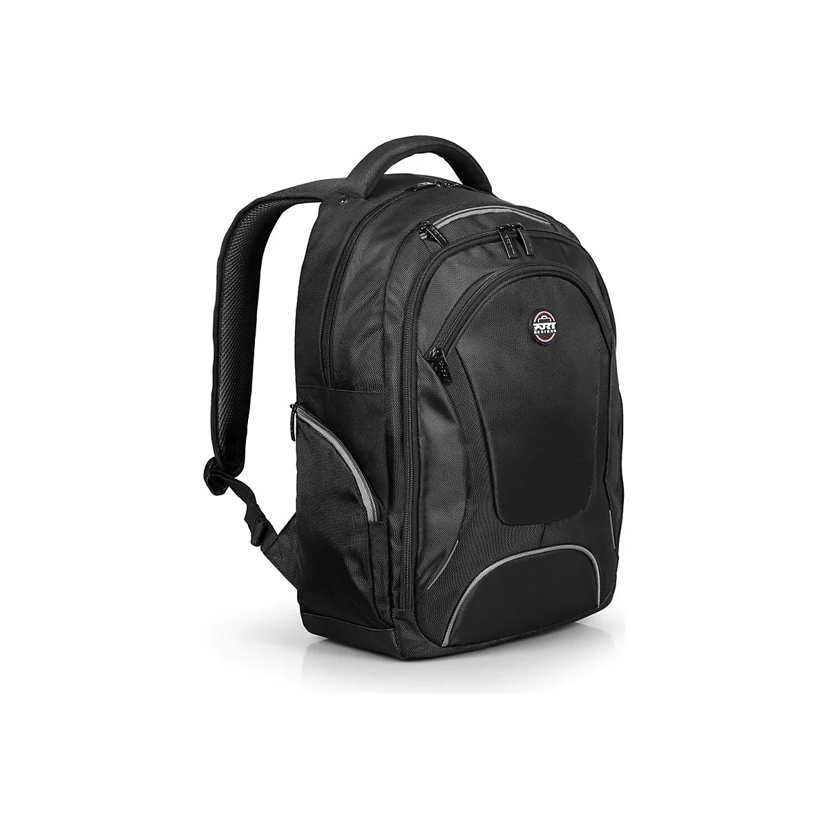 Schwarzer Rucksack mit gepolsterten Schultergurten und Tragegriff. Kleine ReiÃŸverschlusstaschen und Logo.